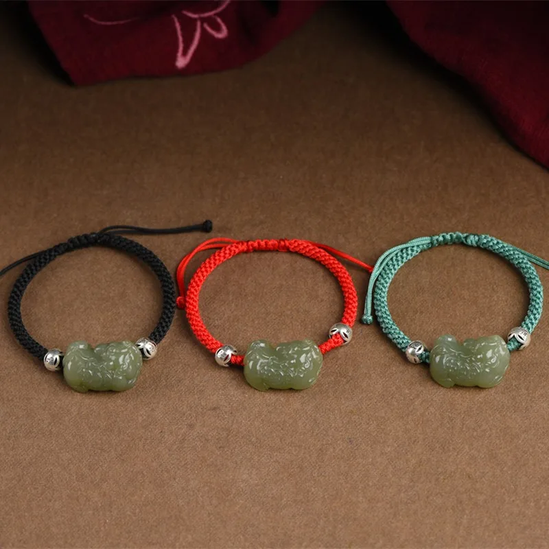 Natural Hetian Jade Overlord Pixiu Bracelet Red String Zodiac Year Hand Rope Couple BFFs Jade Beaded Bracelet Gifts