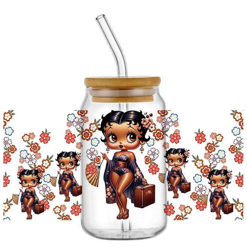 3D Modern Girl Design UV DTF Cup Wrap Sticker for 16oz Libbey Glasses Washable DIY Mug Fashion Girl Transfer Sticker