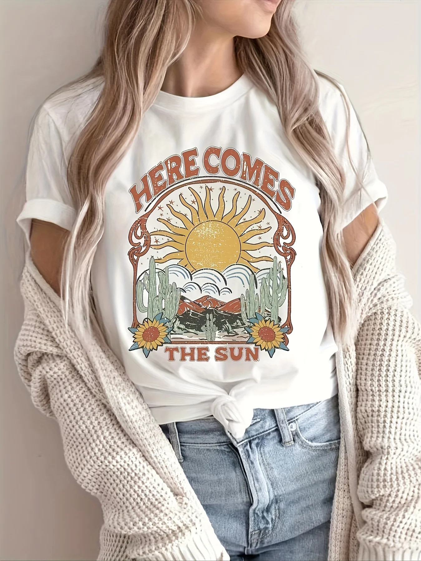 Here coms Sun & Cactus Print T-shirt, Casual Short Sleeve Crew Neck Top, Women's Clothing