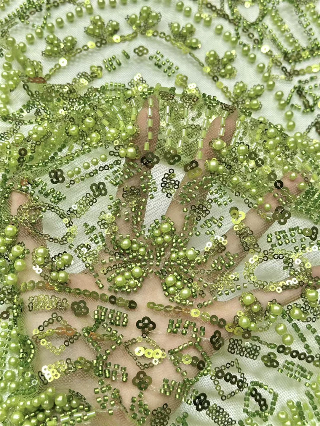 GREEN High Quality Fashion French Mesh Embroidery Sequins Beads Lace Fabric African Nigerian Lace Fabric For Wedding Dress Party