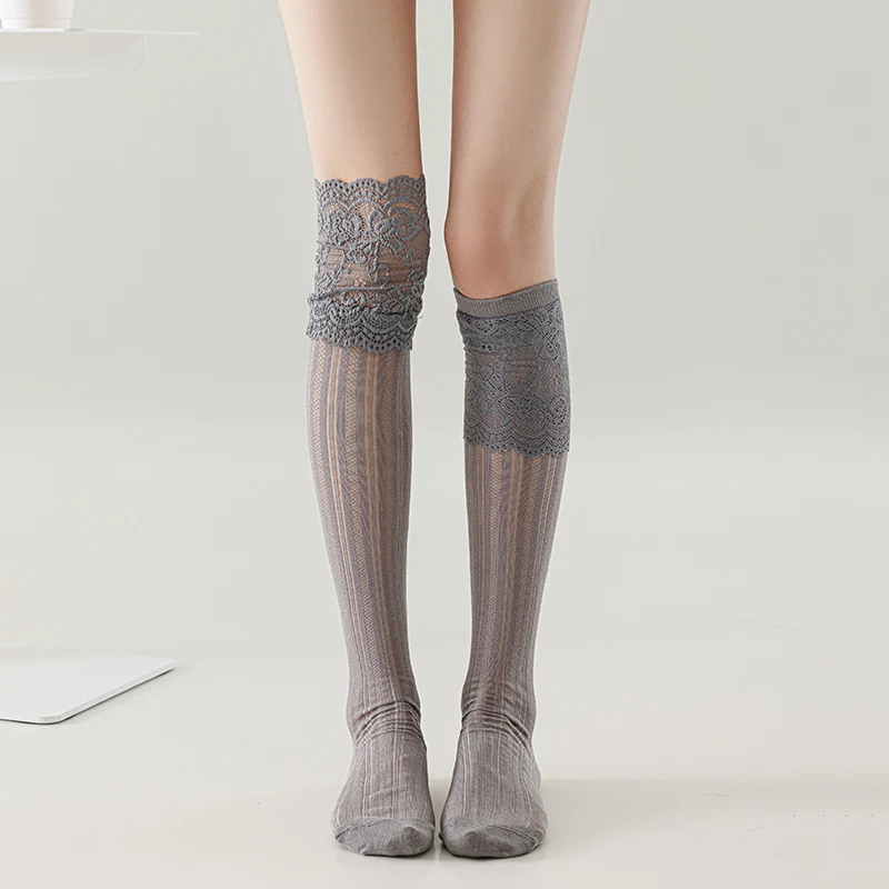 Nouvelles bas pour femmes mode dentelle respirant couleur unie chaussettes fines longue dame Style japonais maille genou chaussettes filles de haute qualité