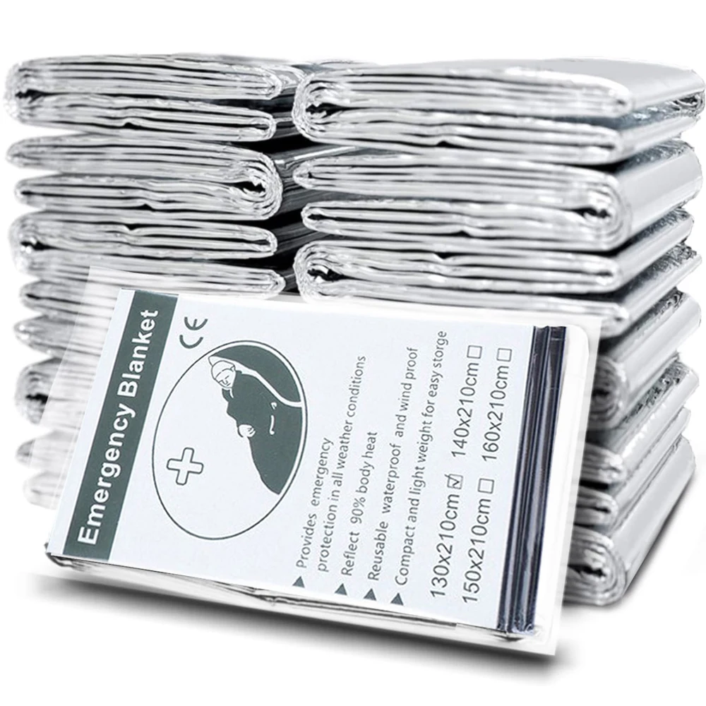 Manta térmica de Mylar de emergencia, manta espacial de lámina diseñada para el cuerpo de la hélice, calentador para exteriores, primeros auxilios,