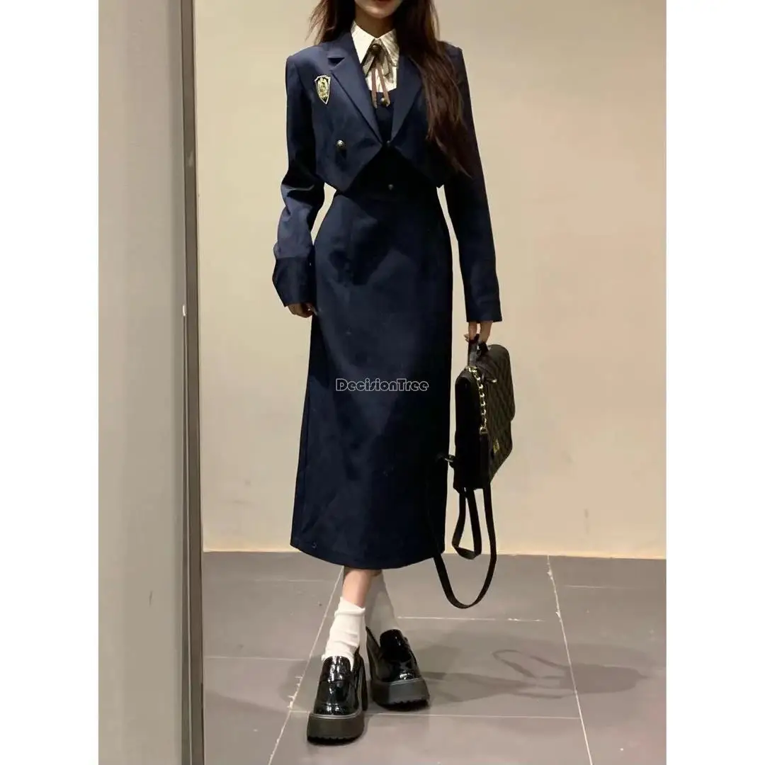 2023 korea japan jk 4 piece set long dress with back strap + striped shirt + short suit + bow tie suit female uniform set s789