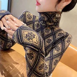 Odzież damska Moda Turtleneck Argyle Knit Pullovers Jesień Zima Eleganckie Szykowne Swetry z Długim Rękawem Office Lady Y2K Top