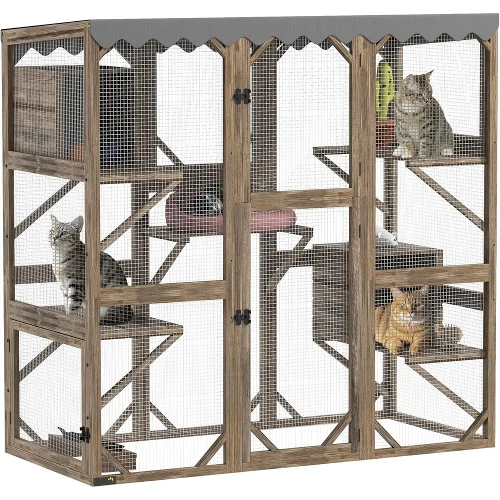 

Brown Wooden Catio Enclosure with 59 Height, 5 Platforms, 2 Boxes, Waterproof Roof for Multiple Cats