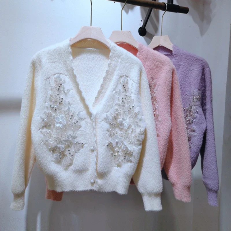 Women Diamonds Beads Flowers Embroidery Sequin Imitation Mink Fur Knitted Cardigan V-neck Mohair Sweater Coat Jacket Autumn Tops