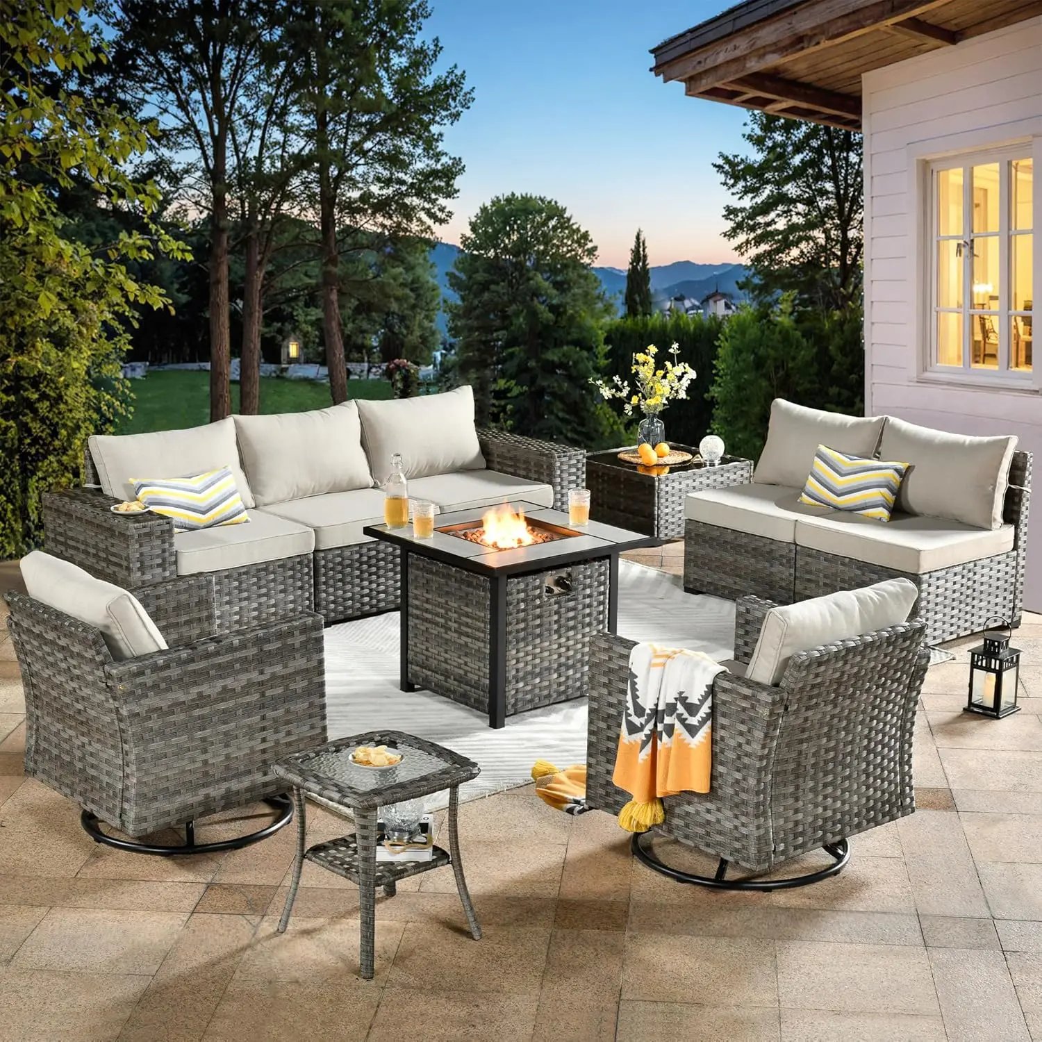 

10 Pieces Patio Furniture Set, Outdoor Wicker Sectional Sofa With 30" Fire Pit Table Swivel Chairs, Modern Modular, Customized