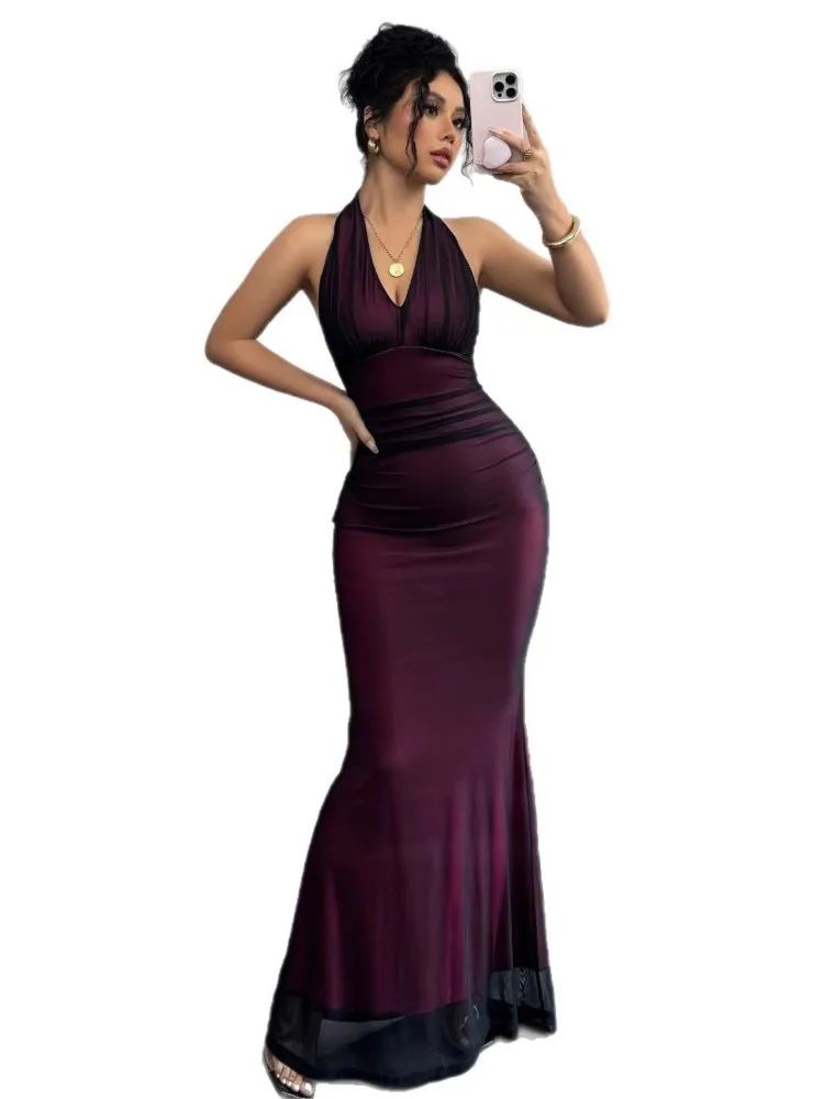 Vestido sin mangas de verano para mujer, vestido Sexy ajustado con espalda descubierta y volantes a la moda, vestido largo plisado de cintura alta para mujer