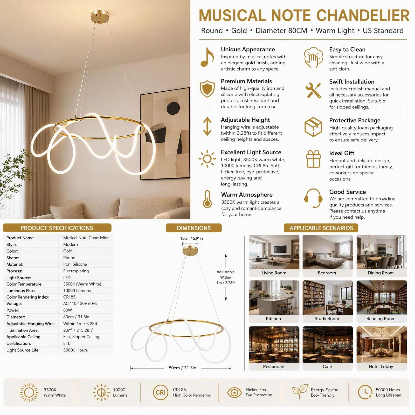 Ceiling-Mounted Light Pendant Light with Adjustable Height, Modern LED Chandelier Musical Note Design 10000LM 3500K Golden Finish for Living Room Bedroom Dining Room