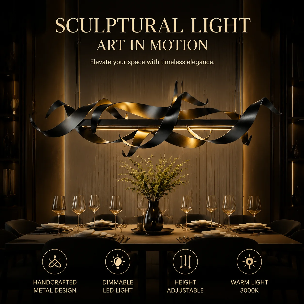 Modern Luxury Black Gold Led Chandelier Nordic Sculptural Pendant Light For Dining Room Kitchen Island Hanging Lamp