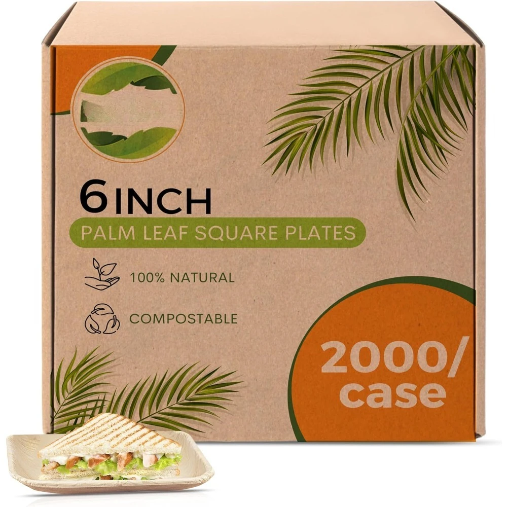 

Palm Leaf Plates Bulk [50-Pack] 6" Square Plates(40 CASES - 2000 PACK) Like Bamboo Plates Disposable, Isposable Tableware Set