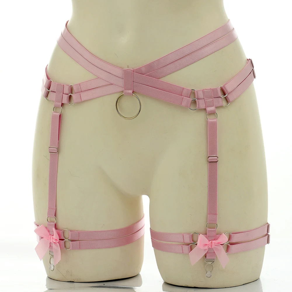 Hollow Pink Kawaii Bondage Stocking Garter Punk Wedding Bride Body Harness Bow Clip Elastic Belt Punk Body Harness Cage