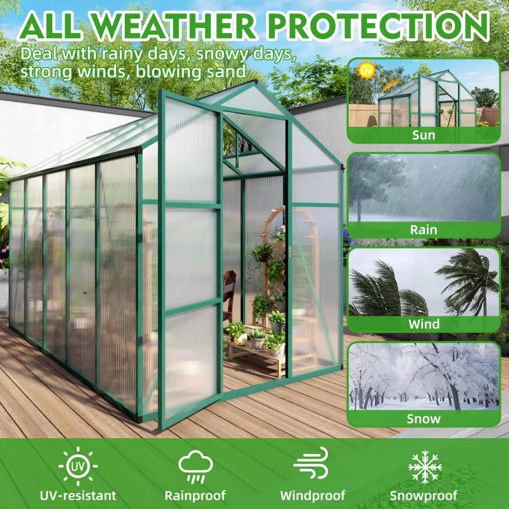 Walk-in Polycarbonate Greenhouse Aluminum Frame Anchors 6x10 Ft, Customized