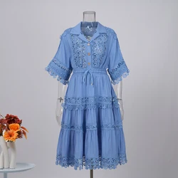Quality Loose Hollow Out Dress Two Piece Set Women's Shirt Short Skirt Set Embroidered Lace Crop Tops Pleated Skirts Suits 2pcs