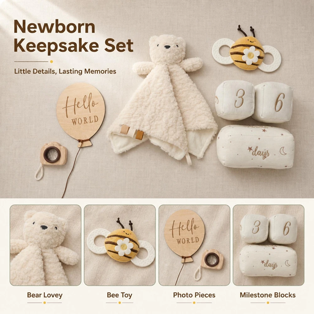 Baby Newborn Gift Set Montessori Toys Bear Plush Bee Rattle Teether Wood Camera Hello World Days Numbers 0-12M Sensory Set