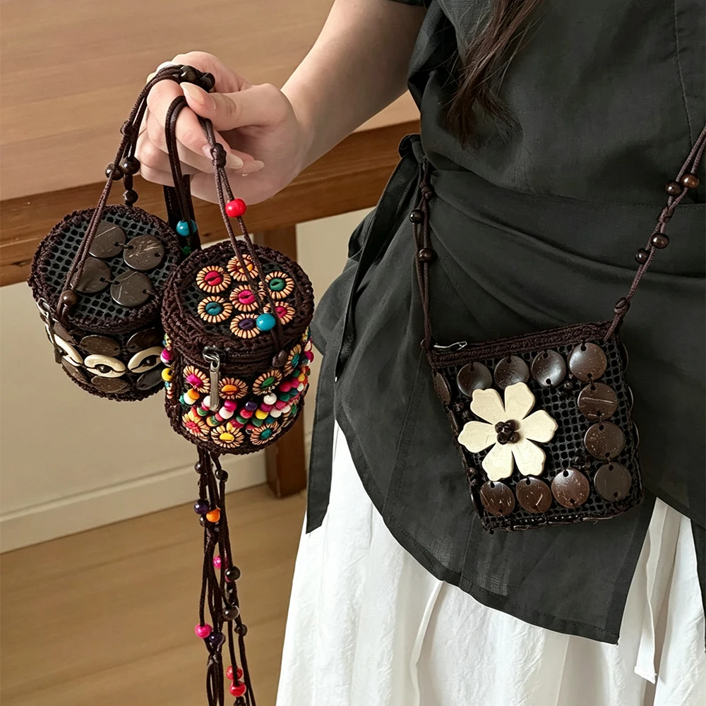 Crossbody Shoulder Money Coin Purse Bag 2026 New Bohemian Flower Woven Mini Money Storage Bag Retro Decor Lipstick Makeup Bag