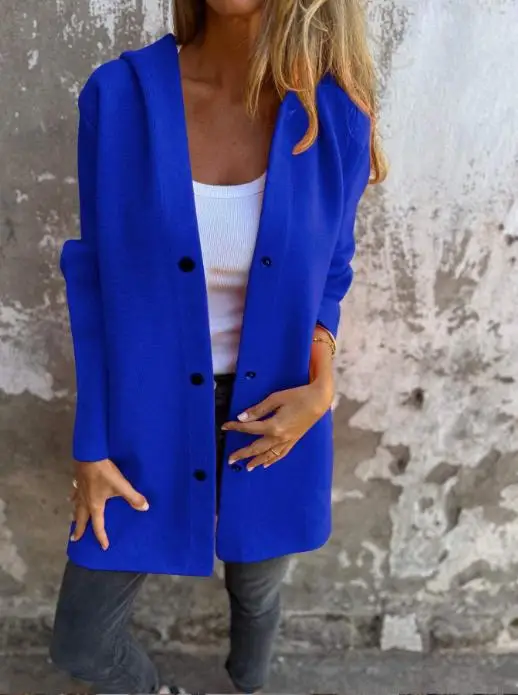 Otoño Invierno Amazon moda de manga larga chaqueta sólida mujer abrigo botón gorra suéter