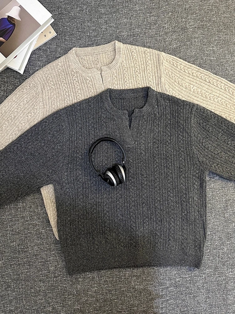 

Мужской повседневный вязаный свитер с v-образным вырезом и воротником Генри, льняной узор, осенний трикотаж для отдыха, высококачественный трикотаж для пар