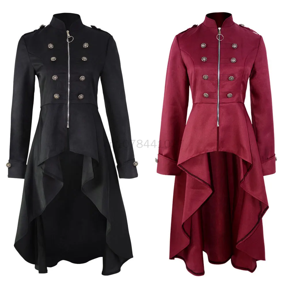 

Women's Medieval Steampunk Jacket Renaissance Retro Red Double Breasted Zipper Trench Coat Dress Gothic Slim Overcoat For Women