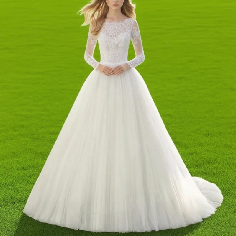 

Elegant A Line Women's Wedding Dresses Appliques Lace Vestido Bride Gowns Long Sleeve Vestidos Customized