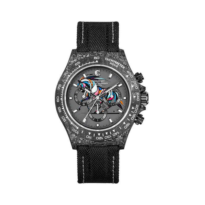 CRONUSART Men Chronograph Watch 40mm Automatic Mechanical Wristwatch Carbon Fibre Case Luminous Triple Windows Horse Year Dial