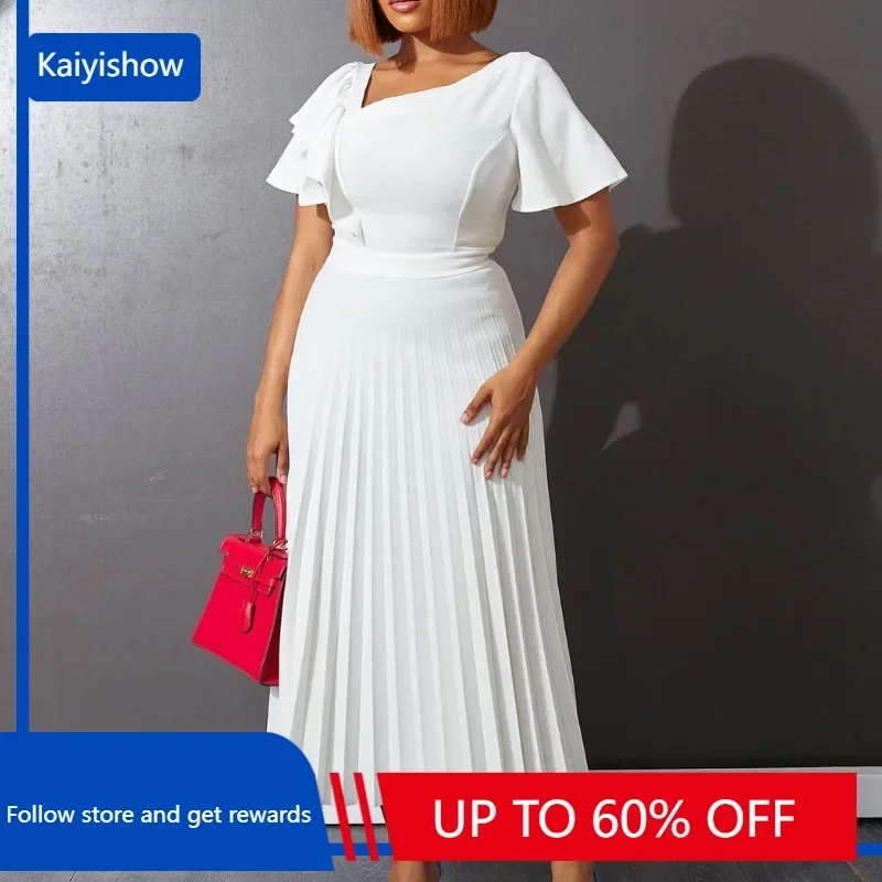 

African Style Women Casual Belted Pleated Dress Elegant Chic Office Lady A-Line High Waist Dress 2020 Autumn Winter Fashion