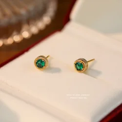 925 Sterling Silver French Light Luxury Baroque Carved Green Zircon Stud Earrings For Women  Wedding Party Jewelry