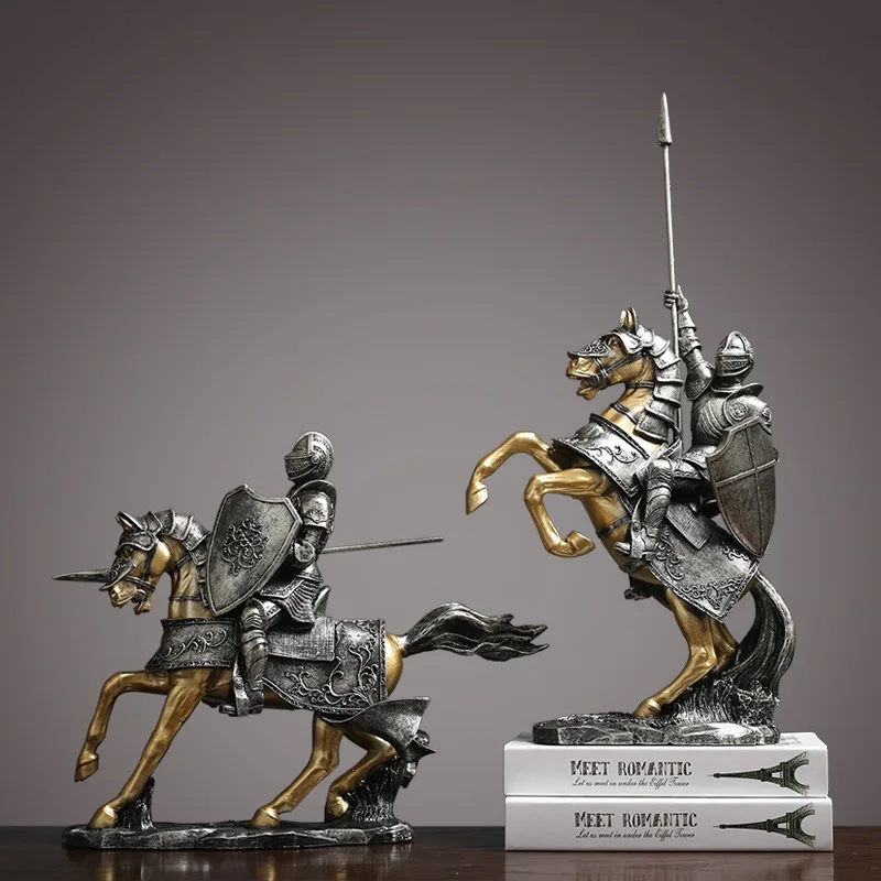 

European Medieval Knight on Horse Resin Sculpture Cool Retro Statue Home Decoration Office Desktop Accessorie Armor Knight Model