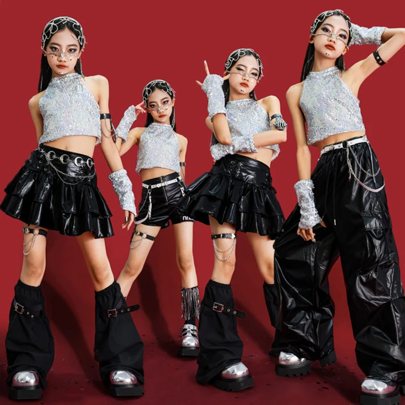 

Girls Kpop Stage Outfit Jazz Dance Performance Clothing Sequin Tank Top Black Cake Skirt Line Dance Pants Cool Streetwear