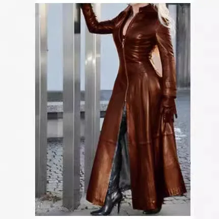 plus Size Women's Leather Jacket Autumn Winter Long Zipper Stand Collar Slim Fit  Color Fashionable Women's Wear