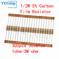 300pcs 30value Rang 1ohm-3M ohm 1/2W Carbon Film Metal Resistors Assortment Kit Set NEW 30 Values Resistor Hot Sale