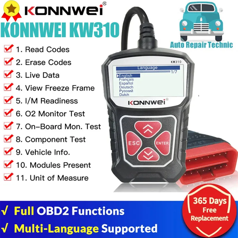 

KONNWEI KW310 OBD2 Scanner for Auto OBD 2 Car Scanner Diagnostic Tool Automotive Scanner Car Tools Russian Language PK Elm327