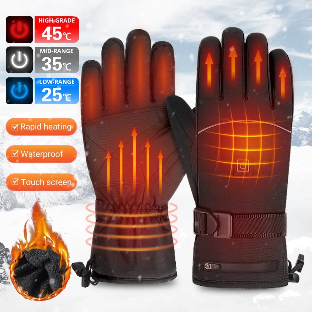 Guantes calefactables para esquiar, guantes cálidos de invierno para exteriores, guantes calefactables antideslizantes, guantes impermeables para ciclismo y motocicleta con pantalla táctil