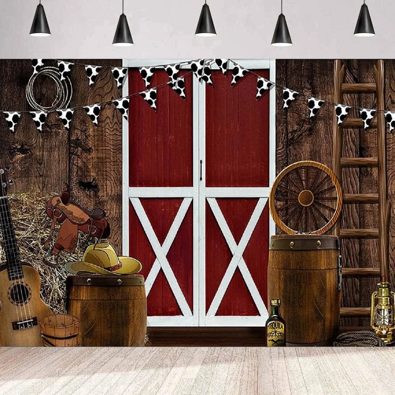 Western Cowboy Scene Photography Backdrop Fall Farm Wooden Red Barn Door Background Wall Poster For Party Banner Decor