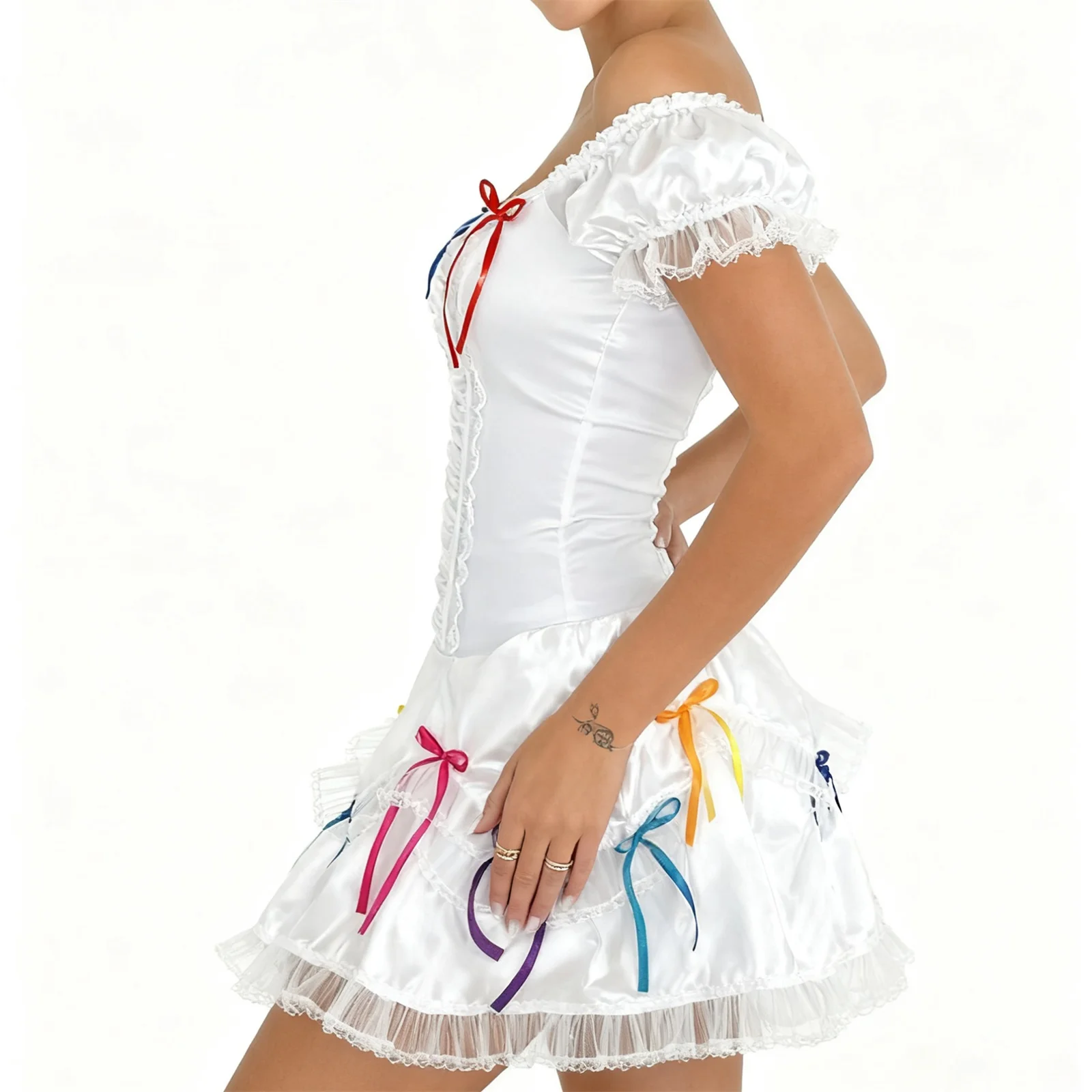 فستان نسائي بدون أكتاف لعيد الميلاد بأكمام قصيرة مزين بكشكشة مع أقواس ملونة للحفلات التنكرية في النادي