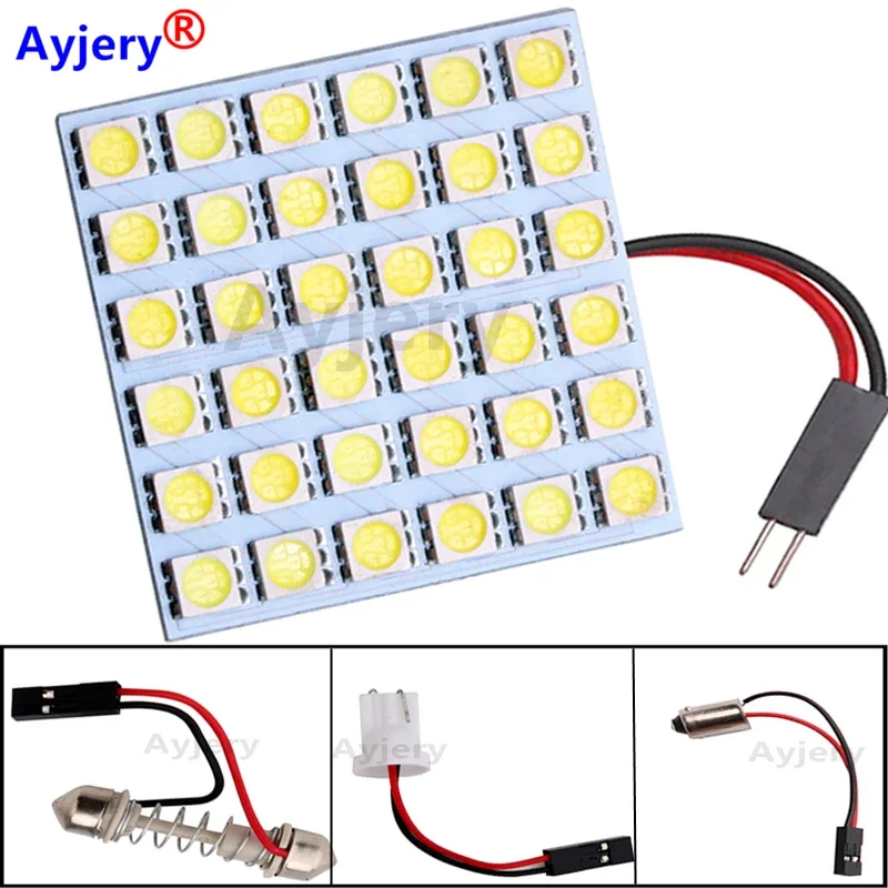 AYJERY 100pcs 12V White Led Panel Festoon Dome Reading Interior Light Accessories 36 SMD 5050 T10 C5w Adapter Car Auto Lamp