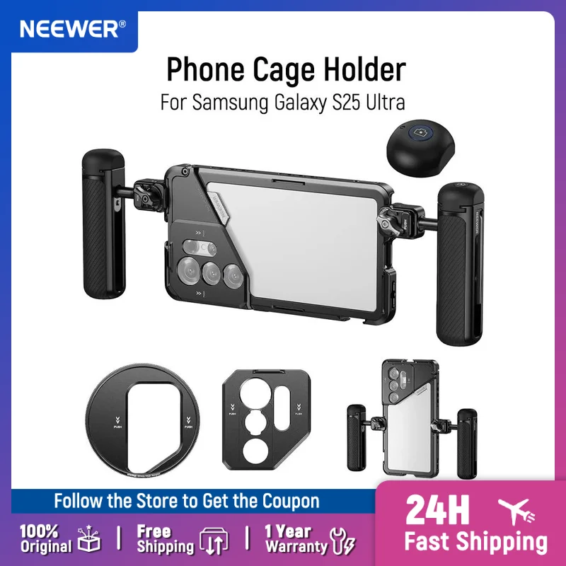 

NEEWER Phone Cage Holder with 2X Handle 67mm Filter Adapter T Mount Adapter Video Rig Stabilizer for Samsung Galaxy S25 Ultra