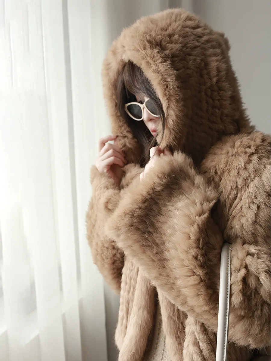 Long Sleeve Casual Loose Knitted Real Rabbit Fur Hooded Coat Women Genuine Natural Rabbit Fur Outwear Female Fur Jacket