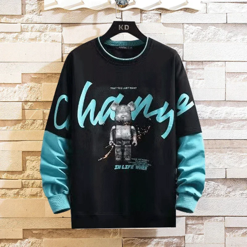 

Autumn Men's Sweatshirt Korean Cool Printed Long Sleeve T-shirt Fashion Men's Clothing Black O-Neck Harajuku Adolescent Top 2023