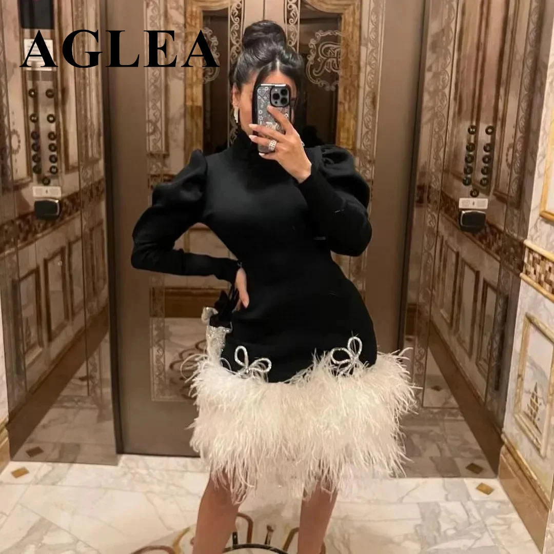 AGLEA Black Pink Bow High Collar Cocktail Dresses Long Sleeves Women Wear Luxury Feathers Edge Short/Mini Night Party Prom Gowns