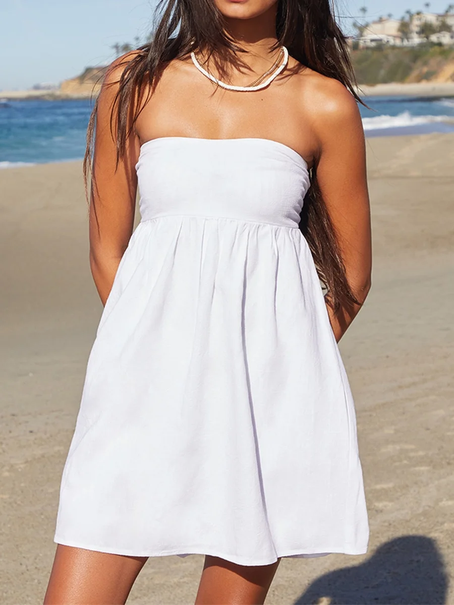 Y2K Strapless Backless Sexy Mini Dress Women Fashion Off-shoulder Sleeveless A-line Sundress Bodycon Party Club Streetwear