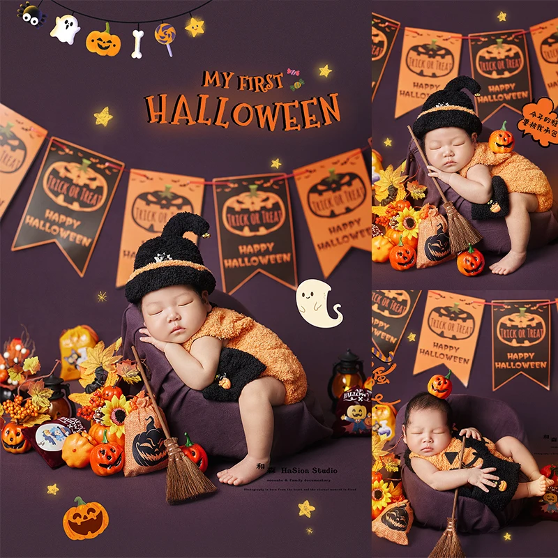 Newborn Halloween Costume Baby Pumpkin Jumpsuit+Hat Cute Ghost Original Design Photography Props Soft Infants Photography Outfit