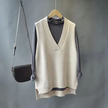 한국 접이식 브이넥 풀오버 여성 니트 조끼, 루즈하고 심플한 인기, 오피스 레이디, 2023 가을 겨울 신상 