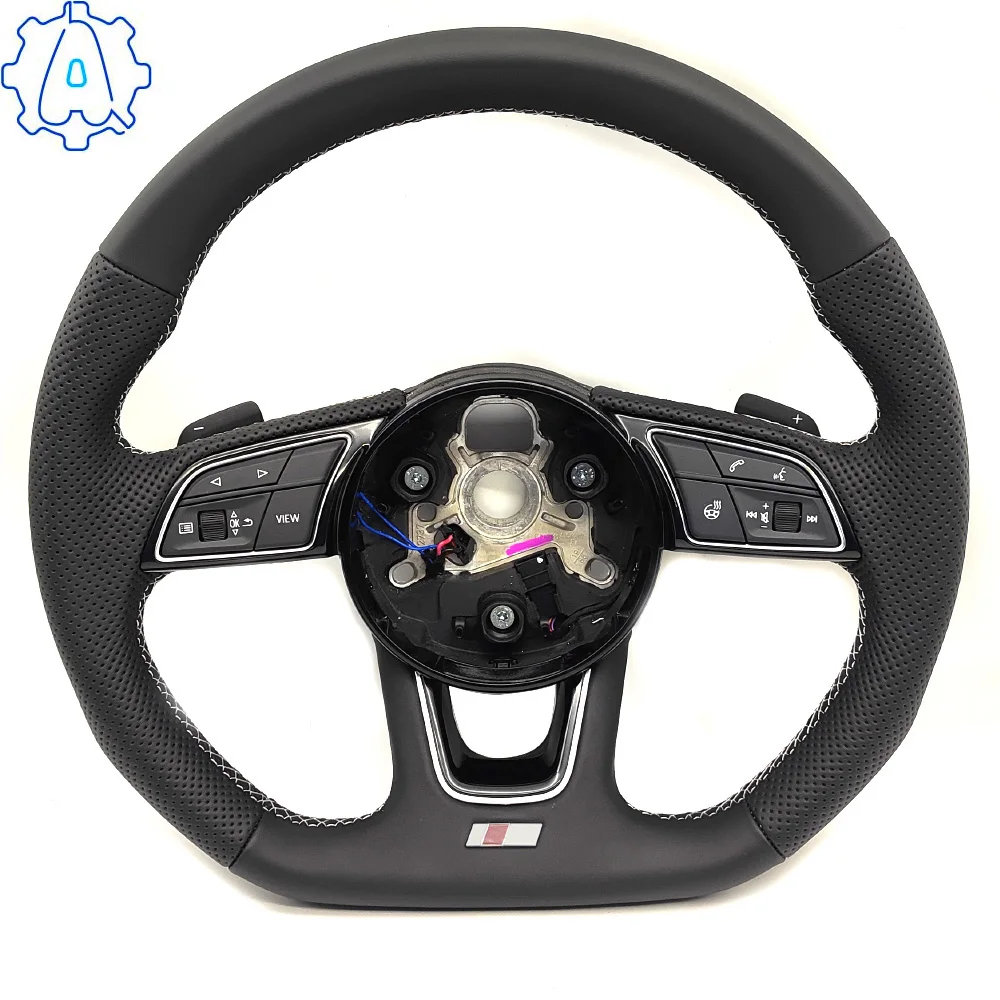 

For Audi A4 B9 White Stitching Full Leather Perforated Multifunctional Steering Wheel With Heating