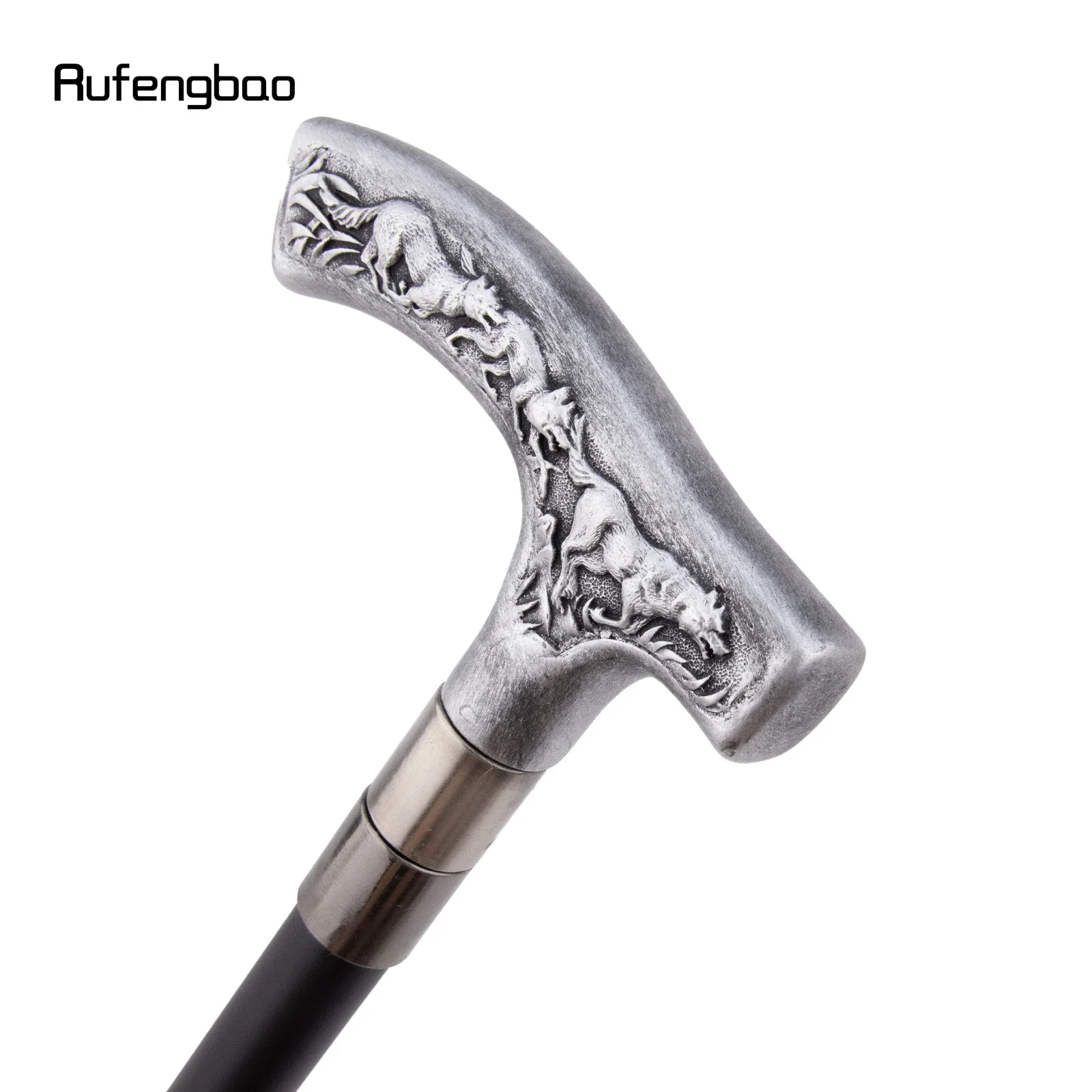 ไม้เท้าเรซิ่นสีเงินรูปหมาป่า ไม้เท้าเหล็กตกแต่งแฟชั่น สำหรับสุภาพบุรุษ สไตล์หรูหรา ใช้สำหรับคอสเพลย์ ด้ามจับแบบครอสเซอร์ ความยาว 94 ซม.