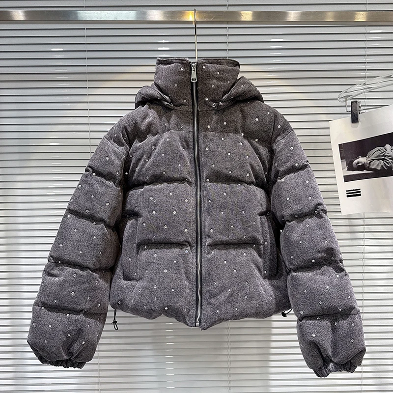 

Winter New American Style Spicy Girl Sparkling Diamond Hot Stamping Water Washed Cowboy Hooded Breadcoat Cotton Jacket