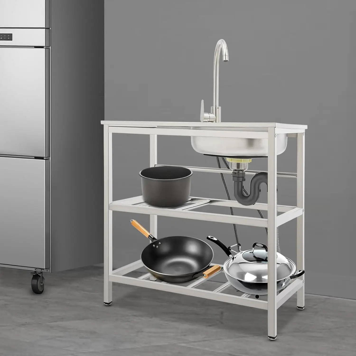 حوض خارجي قائم بذاته، حوض مطبخ فردي من الفولاذ المقاوم للصدأ مع صنبور قابل للتعديل وأنبوب صرف، حوض محمول للاستخدام الخارجي #3