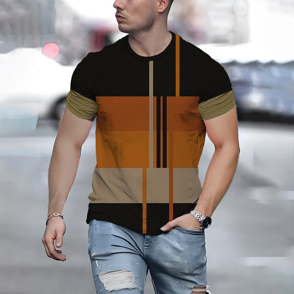 

Fashion Geometric Stripe Print T-Shirt Comfortable Soft Crew Neck Short Sleeve Top 5XL Large Size Loose Basic T Shirt Clothing