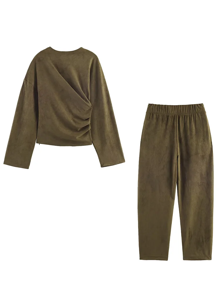 HH النساء السراويل الصلبة دعوى فضفاضة سستة مطوي كم طويل س الرقبة البلوز أعلى + حزام الخريف تزيين جيب بالون نسخة السراويل #2