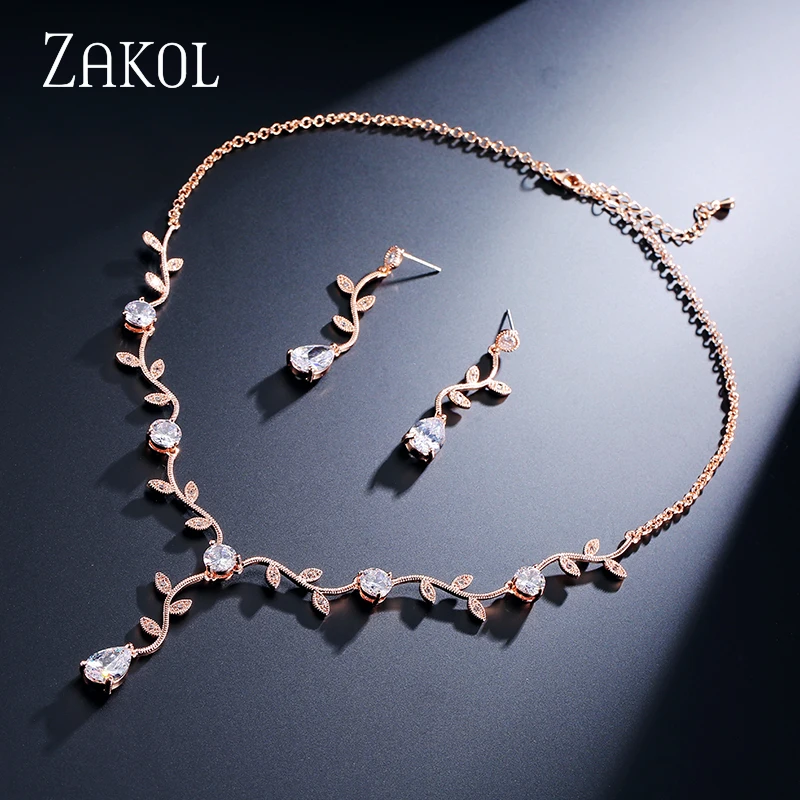 ZAKOL Classic White Rose Gold Color Cubic Zirconia  Bridal Jewelry Sets Leaf Shape Choker Earrings Wedding Dress for Women